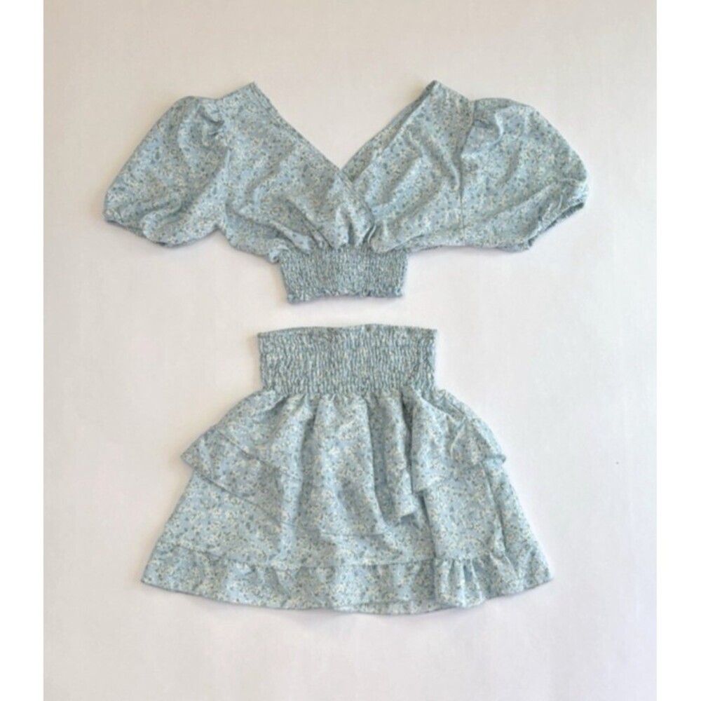 Defox Mini Skirt Crop Top Set Baby Blue Ditzy Floral Ruffle - Size S/M